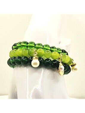 Green Beaded Bracelet Stack, Coastal Boho Bracelet Set, Pearl Charm Bracelet